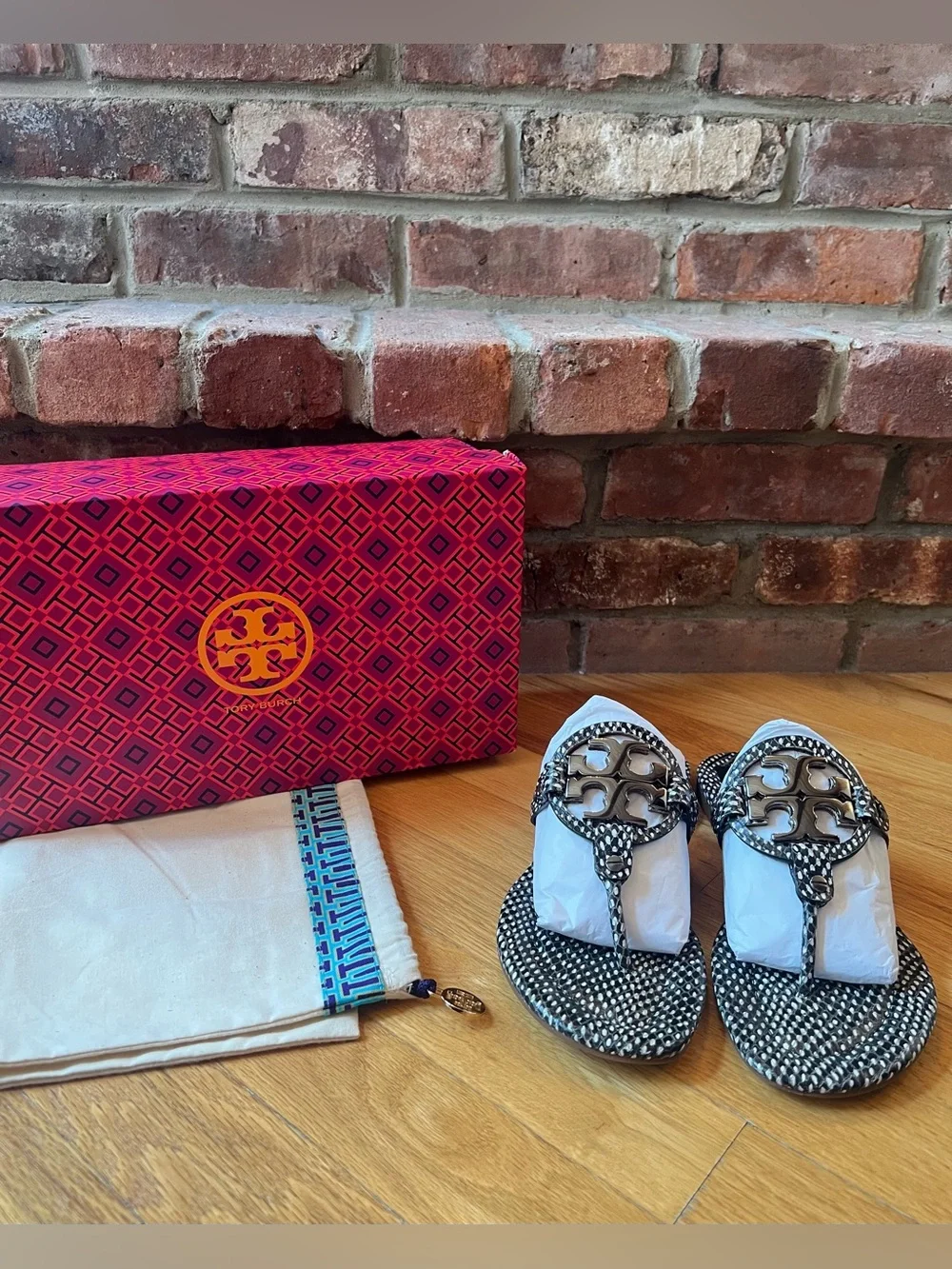 Tory Burch Black Polka Dot Snake Print Embossed Leather Metal Miller 2 Sandals